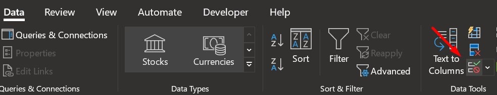 Data Validation Icon in the Data Tab in Excel
