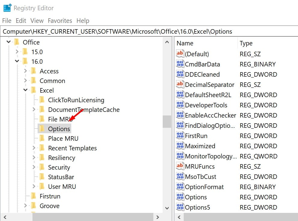 Excel Options in Registry Editor