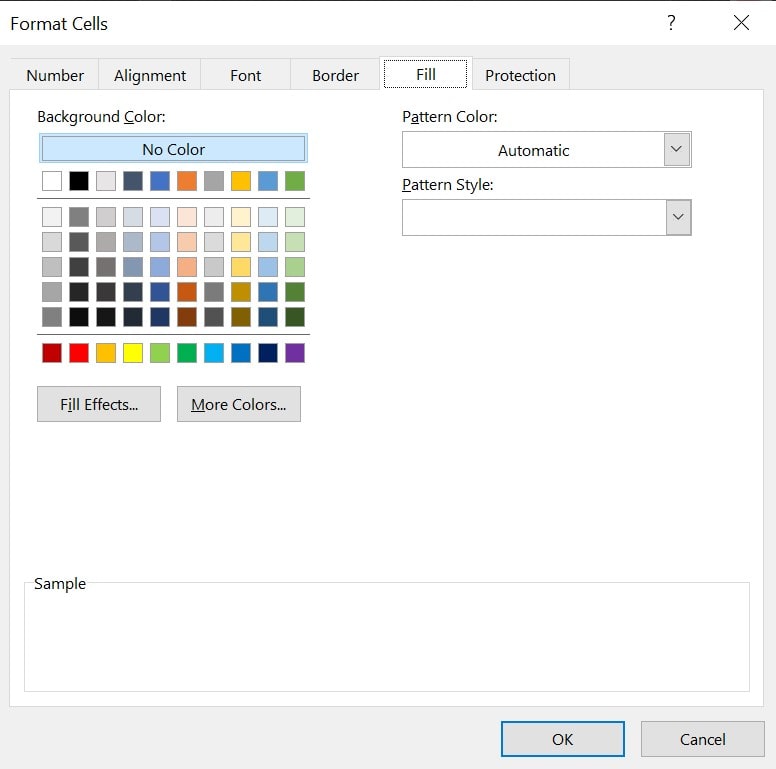 Format Cells Fill Tab in Excel