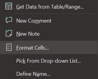 Format Cells Right Click Menu in Excel