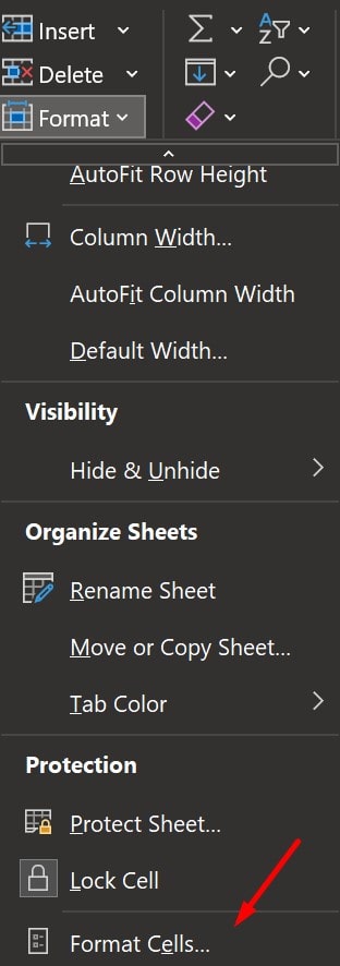Format Cells under Format Button in Excel
