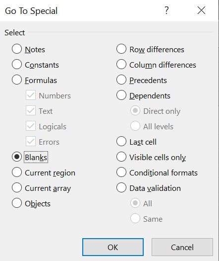 Go To Special Blanks in Excel