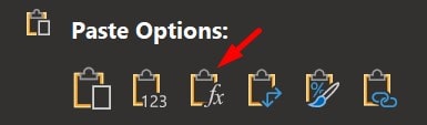 Paste Options to Paste Formulas in Excel