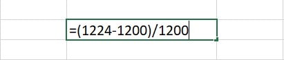 Function 1224 minus 1200 by 1200 in Excel