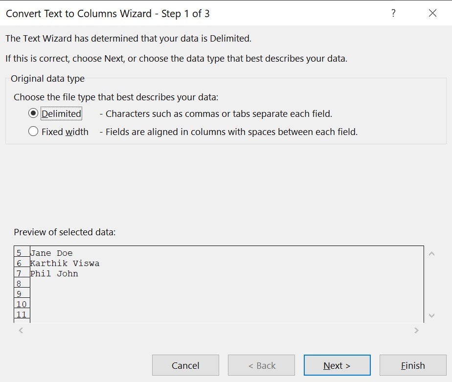 Convert Text to Columns Wizard Step 1