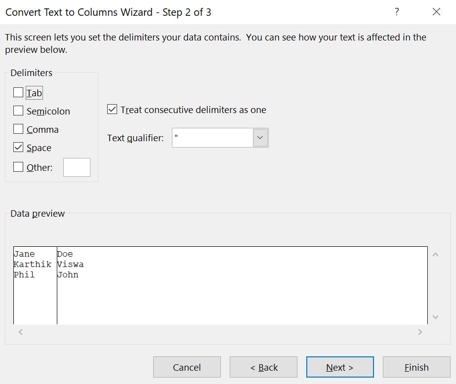 Convert Text to Columns Wizard Step 2