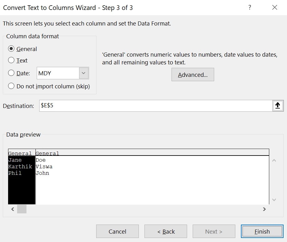 Convert Text to Columns Wizard Step 3