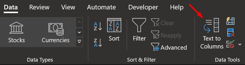 Data Tab Text to Columns in Excel