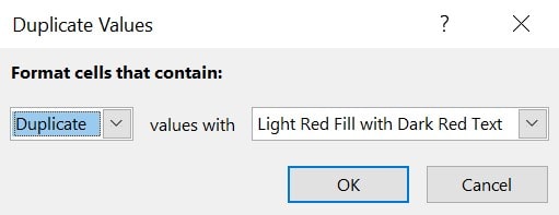 Duplicate Values Window in Excel